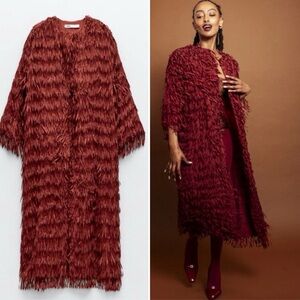 Zara Maroon Textured Fringe Long Cape Jacket Size S